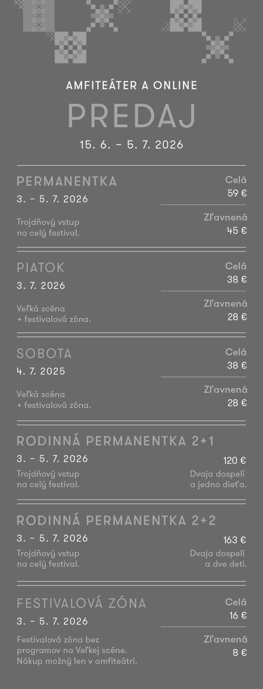 Grafický cenník vstupeniek – Amfiteáter a online. Už neaktuálny, bol aktuálny do 5. 7. 2026. Kompletný textový prepis nasleduje nižšie pre asistenčné technológie.