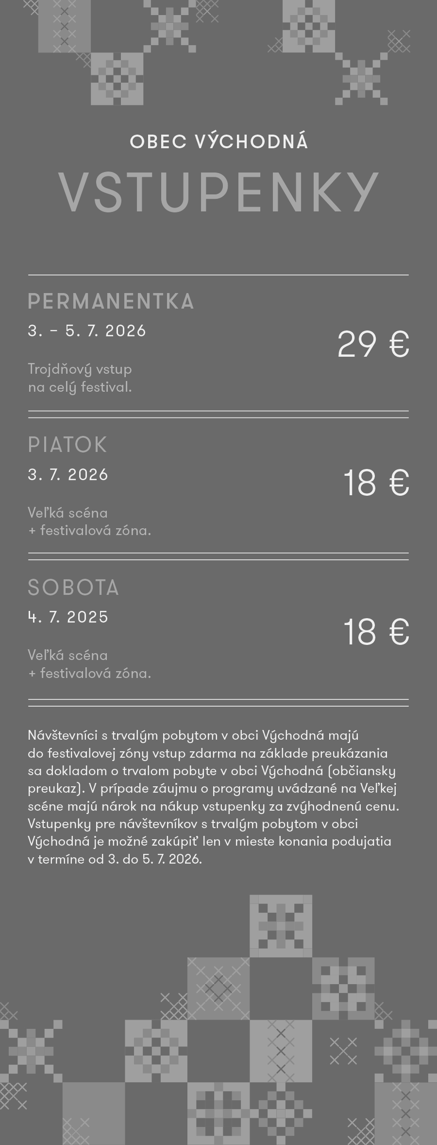 Grafický cenník vstupeniek – Obec. Už neaktuálny, bol aktuálny do 5. 7. 2026. Kompletný textový prepis nasleduje nižšie pre asistenčné technológie.
