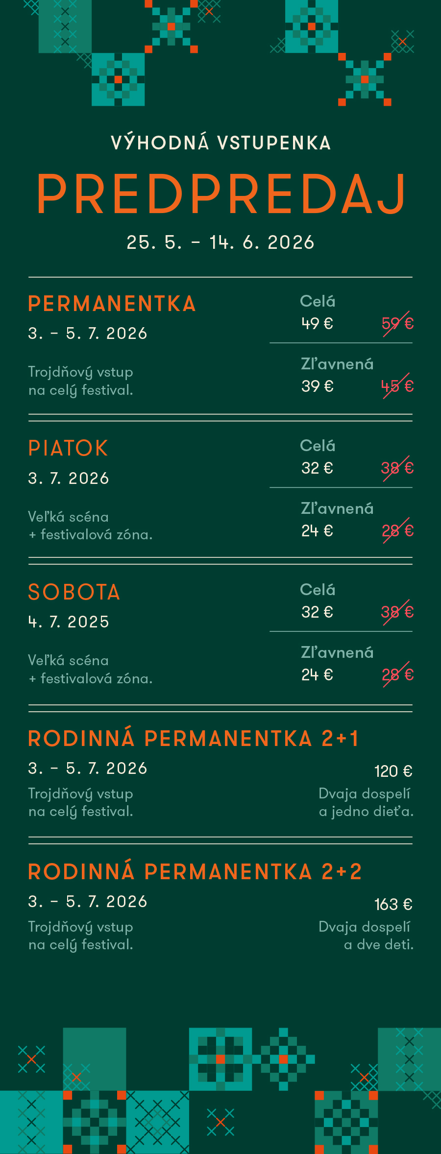 Grafický cenník vstupeniek – Výhodná vstupenka. Práve aktuálny od 25. 5. do 14. 6. 2026. Kompletný textový prepis nasleduje nižšie pre asistenčné technológie.