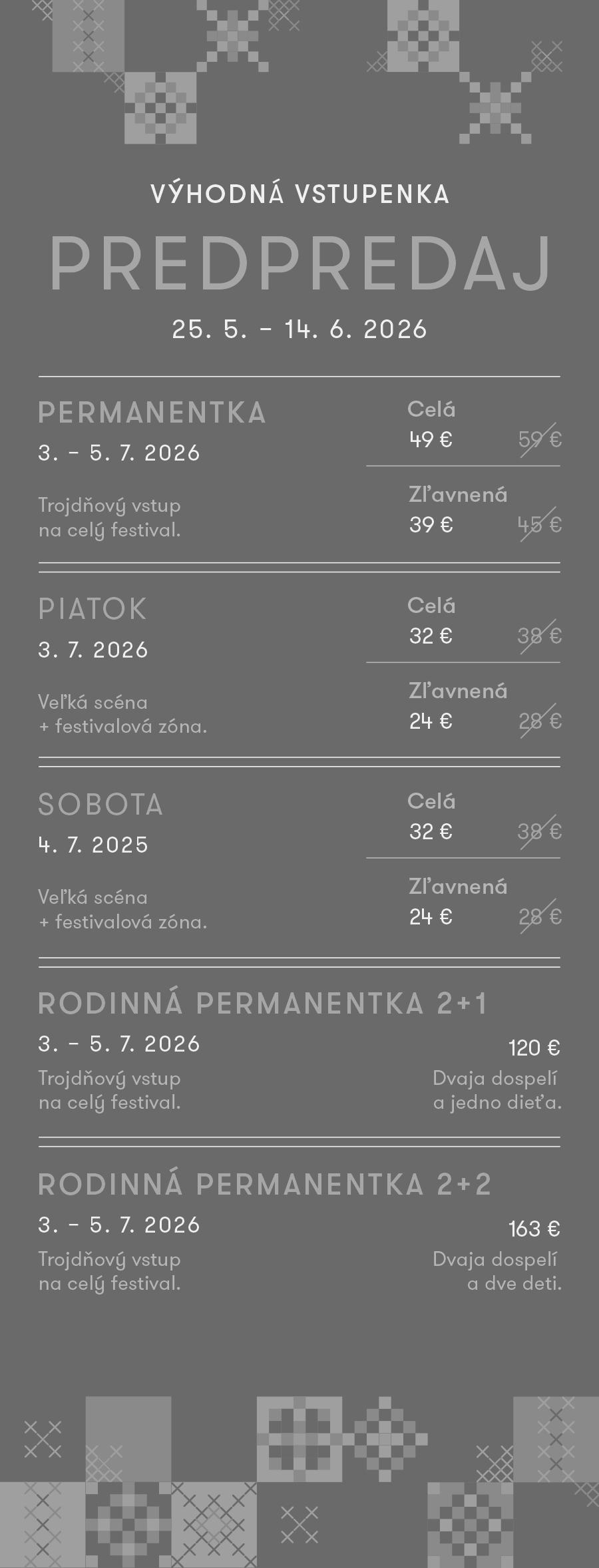 Grafický cenník vstupeniek – Výhodná vstupenka. Už neaktuálny, bol aktuálny do 14. 6. 2026. Kompletný textový prepis nasleduje nižšie pre asistenčné technológie.